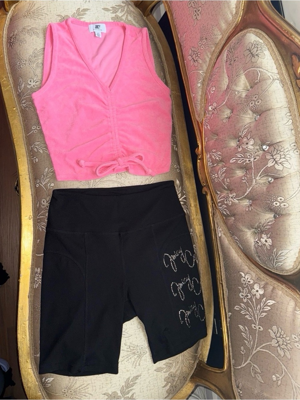Juicy Couture Pink V-Neck Crop Top & Black Logo Bike Shorts